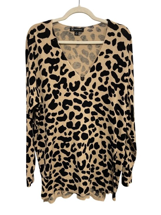 INC International Concepts Sweater Size XL Leopard V Neck Tan Black Animal Print - Picture 1 of 8